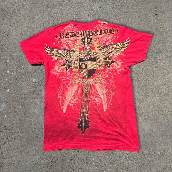 Vintage Y2K Affliction Style Golden Tee Size M Cross Shield Wings Gothic 19x28 - Picture 5 of 8